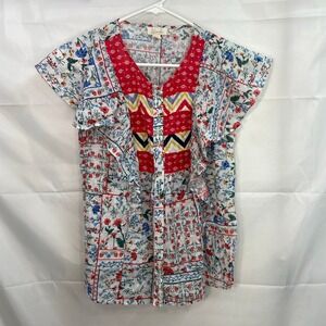 Anthropologie Let Me Be women's floral flutter‎ sleeve patchwork button blouse 2